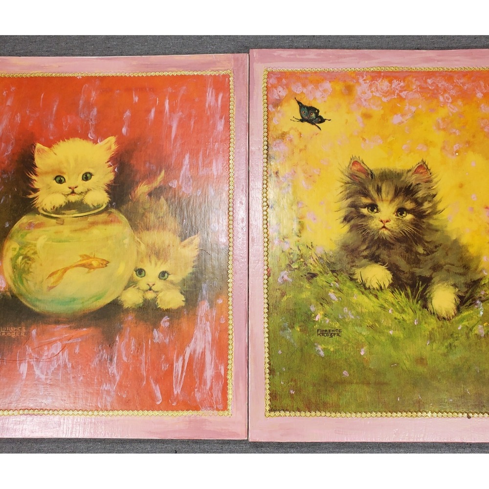 VTG 2 Lg MCM Kitsch Pink Red Kitty Cat  Florence Kroger Embellished on Wood DIY
